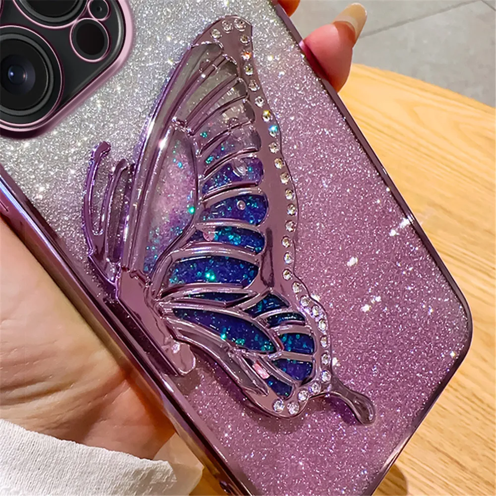 Gradient Glitter Butterfly Quicksand Plating Phone Case For iPhone 15 11 12 13 14 Pro Max Mini X XS Max XR 7 8 Plus Soft Cover