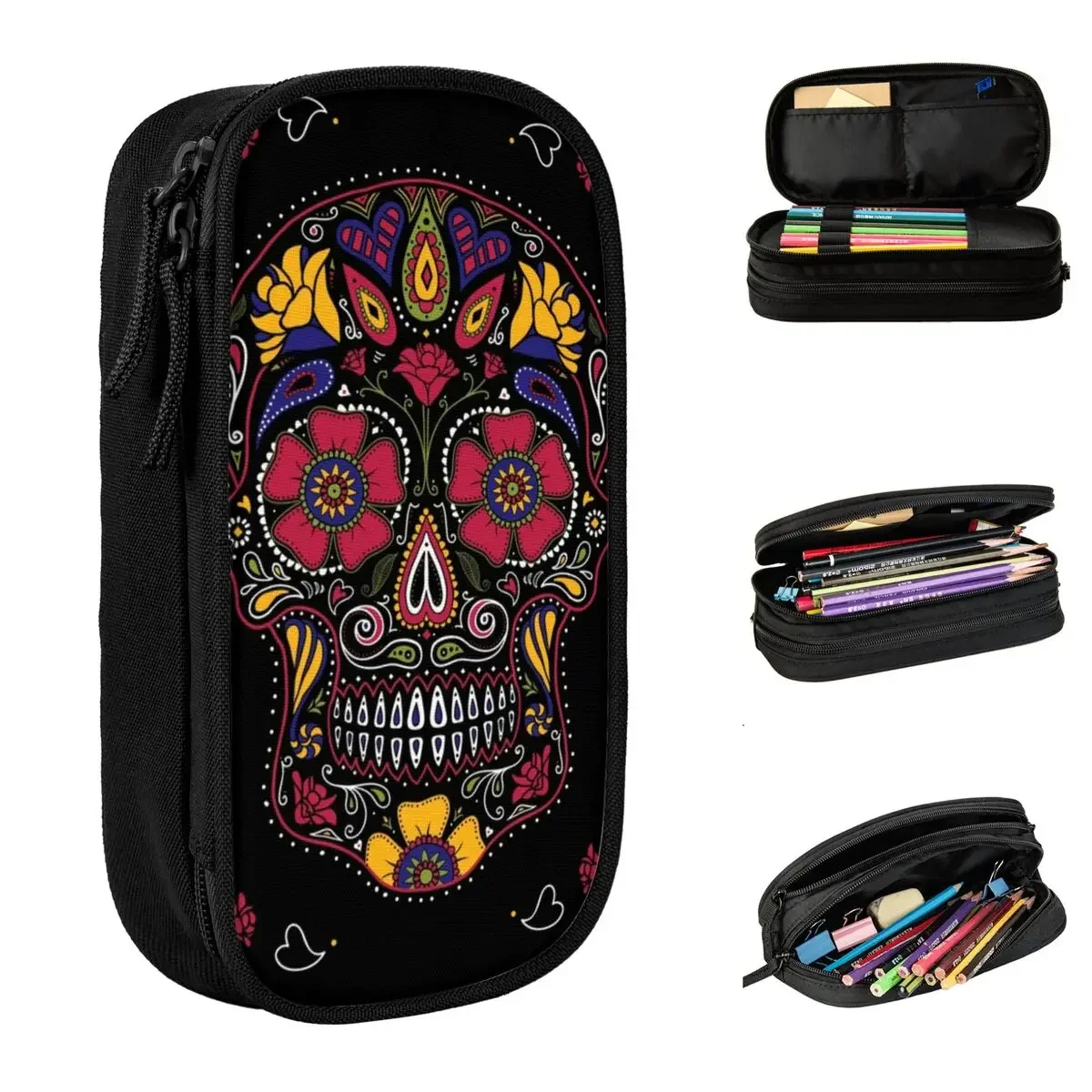 

Day Of The Dead Sugar Skull Pencil Case Dia De Los Muertos Flowers Pen Box Bag Kids Big Capacity Students School Pencil Box