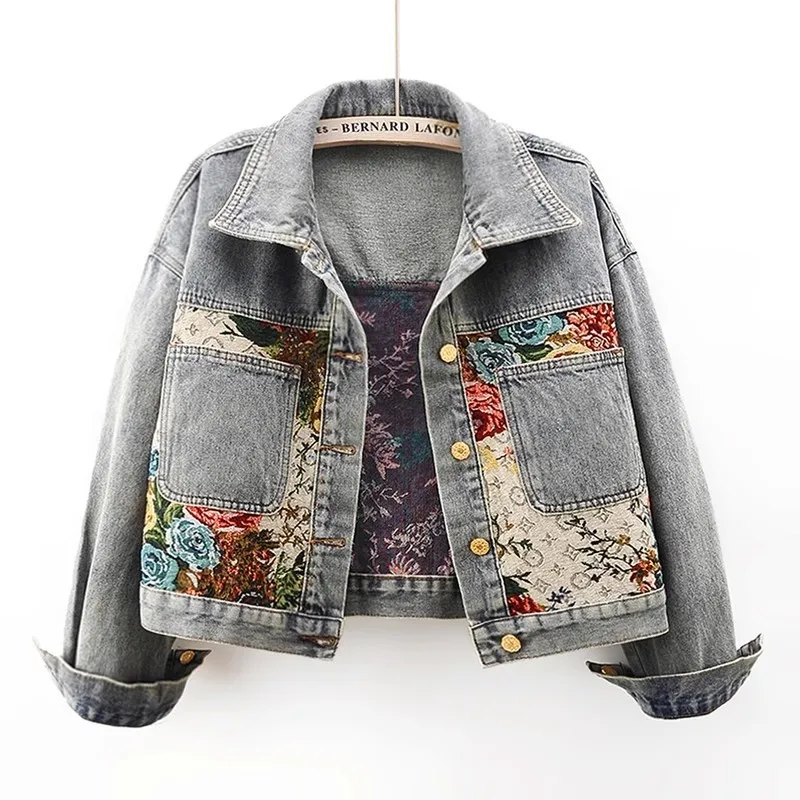 Vintage azul jacquard emenda grande bolso denim jaqueta feminina solta curto cowboy outerwear outono novo coreano jeans jaqueta feminina