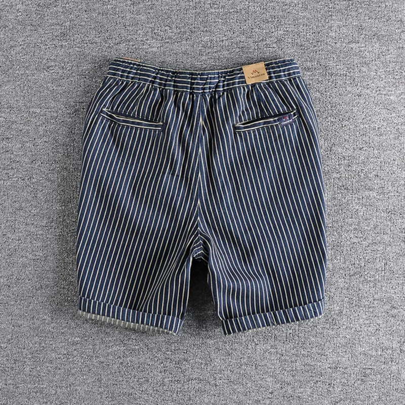 Vintage Striped Denim Shorts for Men with Loose Fit and Five-Inch Inseam