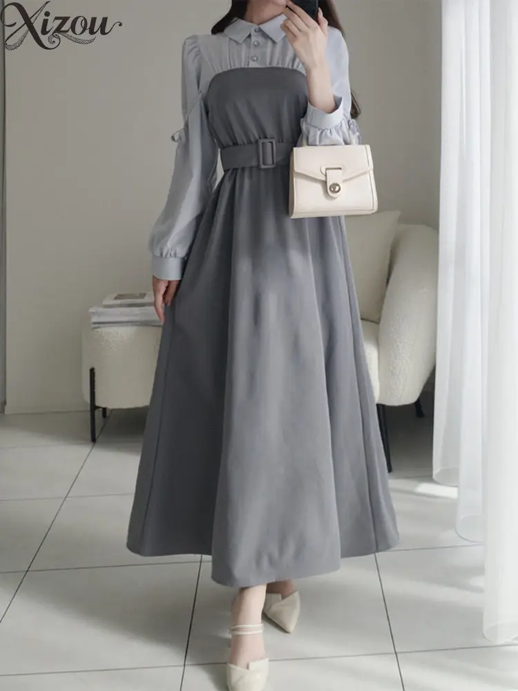 Słodka sukienka z kołnierzykiem, patchworkowa, damska, z kokardą, bufiastymi rękawami, z paskiem, z wysokim stanem, do pracy, w kształcie litery A, 2025, japońska, sznurowana, francuska.