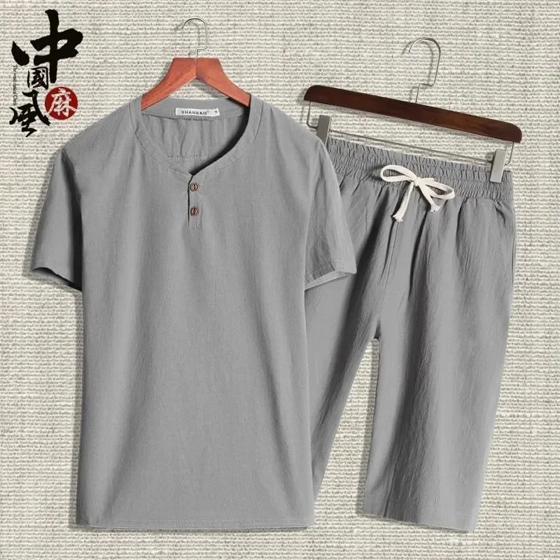 

Chinese Style Men Summer Linen Cotton Loose Henley Neck Short Sleeve Top And Shorts Two Piece Casual Set