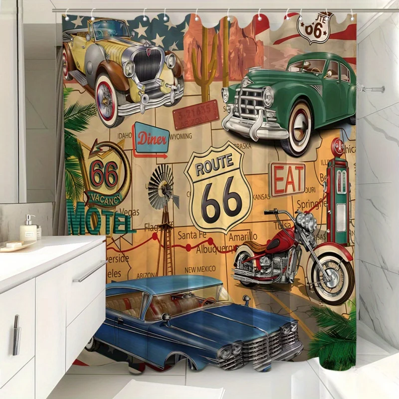 Vintage Route 66 Motel Shower Curtain: 180.34cm x 180.34cm Digitally Printed Polyester, Waterproof, 12 Free Hooks Included, Perf