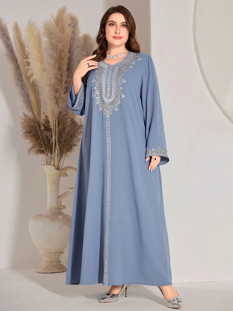 TOLEEN 2024 Neue Plus Größe Frauen Luxus Elegante Pailletten Bestickt V-ausschnitt Langarm Lose Gerade Arabischen Modest Maxi Kleid