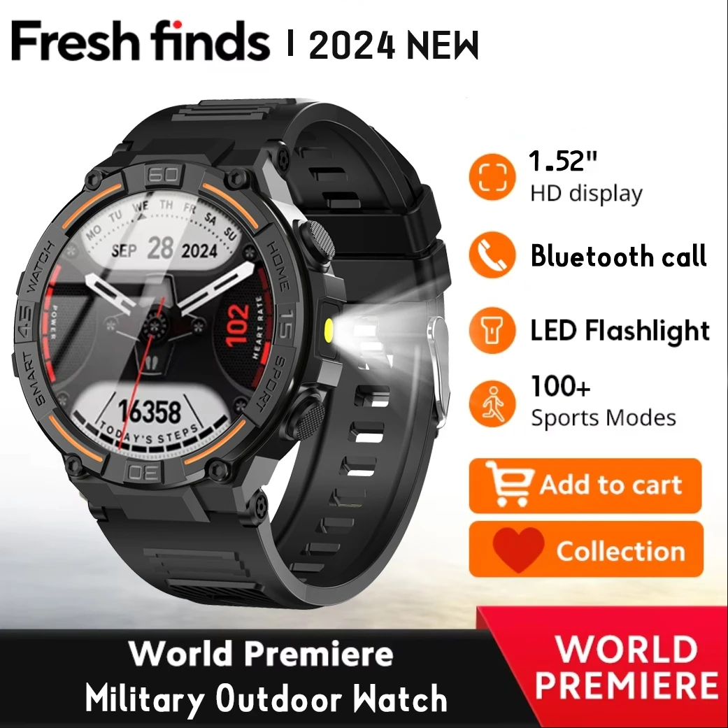 Military Sports Smart Watch Men 1.52 inch Display Fitness Tracker Bluetooth Talk Waterproof with LED Flashlight Smartwatch 2024