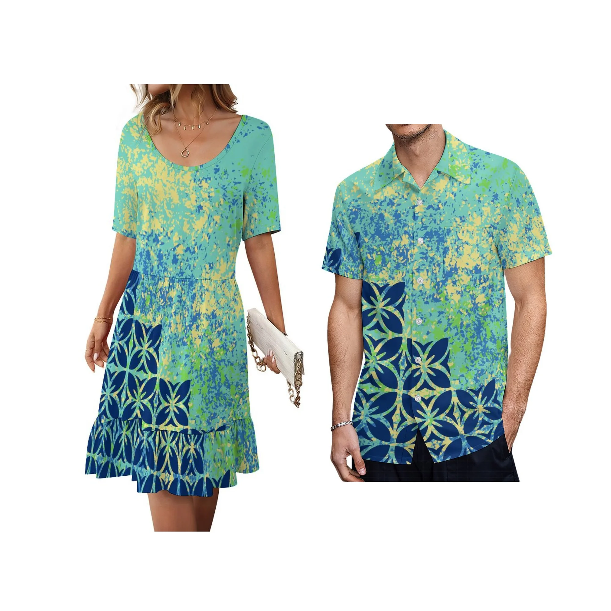 فستان قصير بأكمام قصيرة مخصص بتصميم مطبوع هاواي للنساء برقبة دائرية فستان كاجوال بتصميم جزيرة عيد الفصح فستان النادي