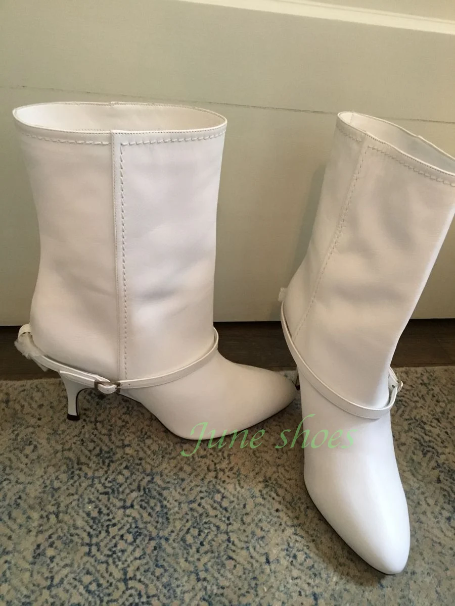 White Faux Leather Mid Calf Boots Pointed Toe Kitten Heel Ankle Strap Buckle Decor Slip-On Women Bridal Party Office Boots Size