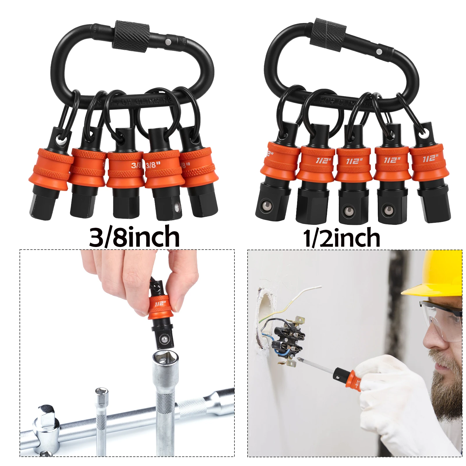 5個入りソケットホルダーキーホルダー 1/2インチ 3/8インチ ソケットオーガナイザー クイックリリースとクリップ付き 建設作業員、大工、整備士向け