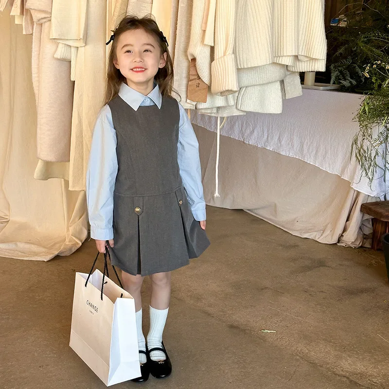 سترة فستان الربيع والخريف موضة كورية جديدة مزاجه نمط الكلية سترة فستان بلون قميص ملابس الاطفال