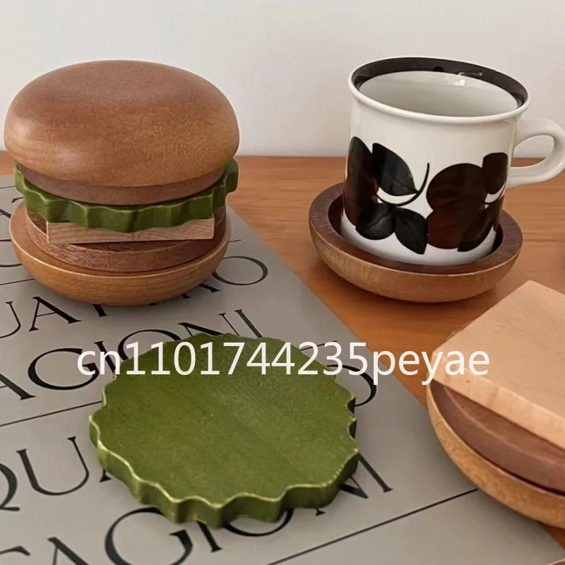 

Hamburger Desktop Insulating Mat Creative Fun Solid Wood Coaster Wooden Magnetic Tea Mat Home Desktop Multifunctional Ornaments
