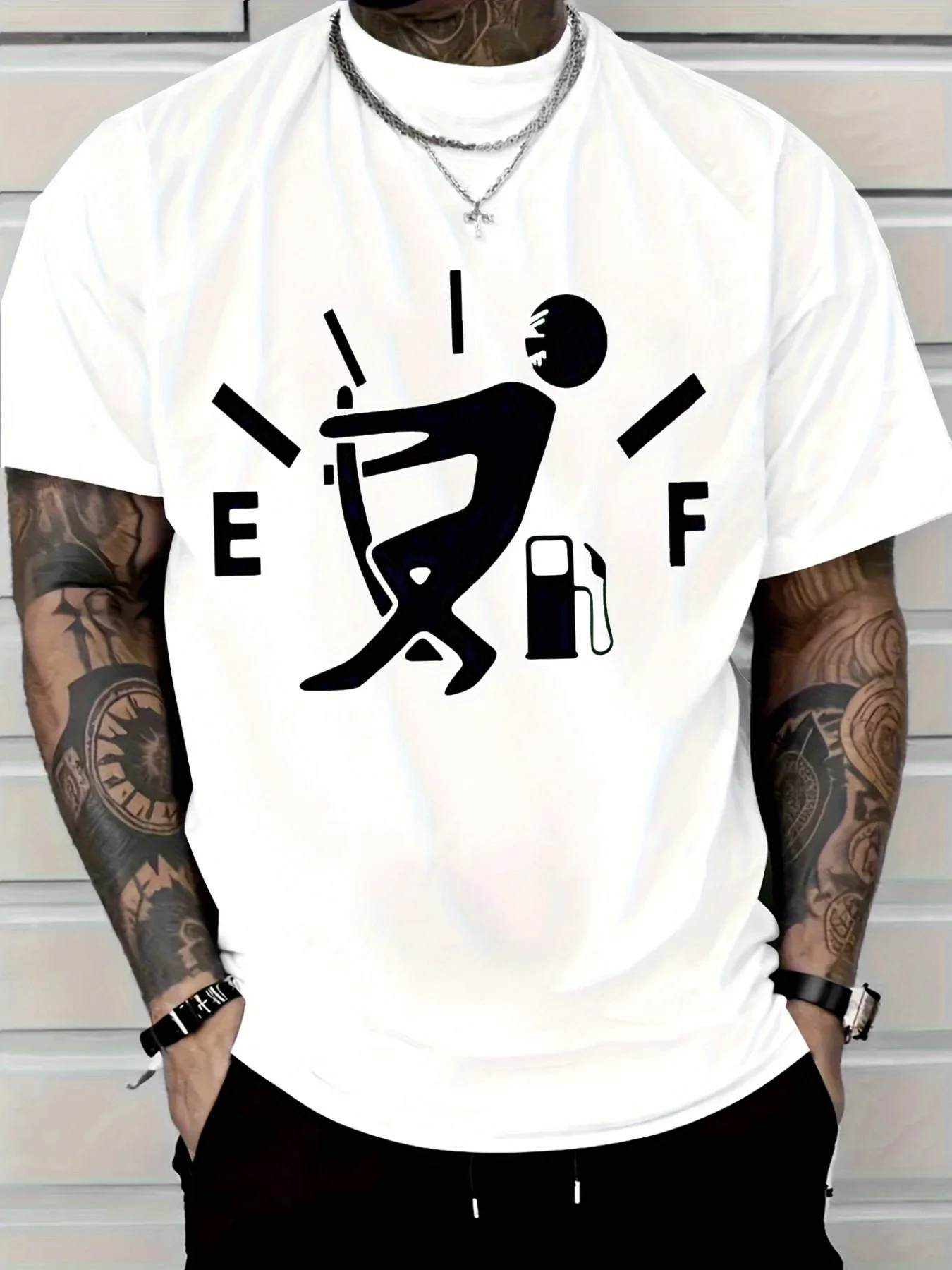 2025 Men'S New Pure Cotton T-shirt Creative Fuel Gauge Running Man Design Comfortable and Stylish Ideal for Daily Wear