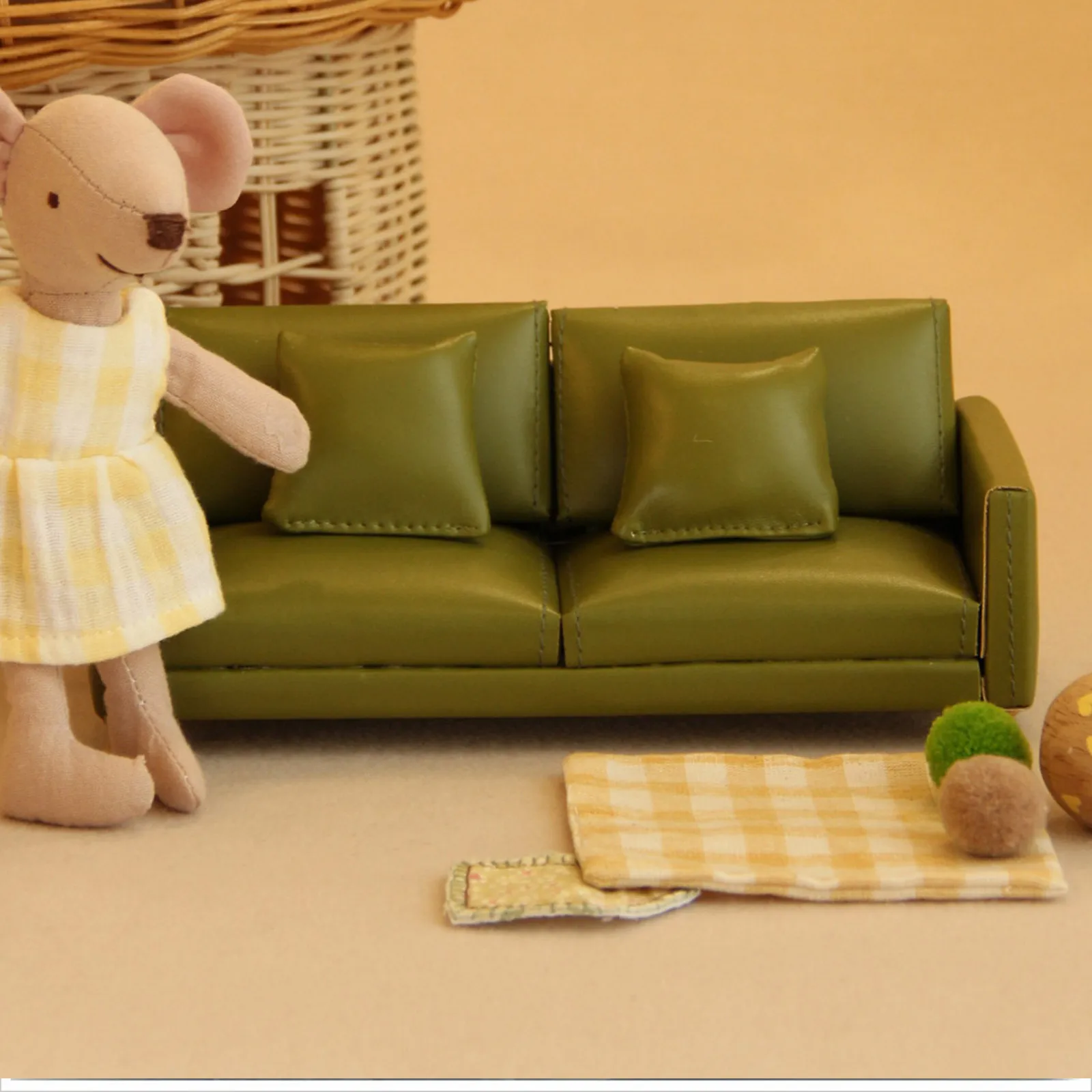 Meubles miniatures pour maison de poupée 8-12cm, housse de canapé Double en cuir, décor de scène modèle pour bricolage artisanat Mini affichage
