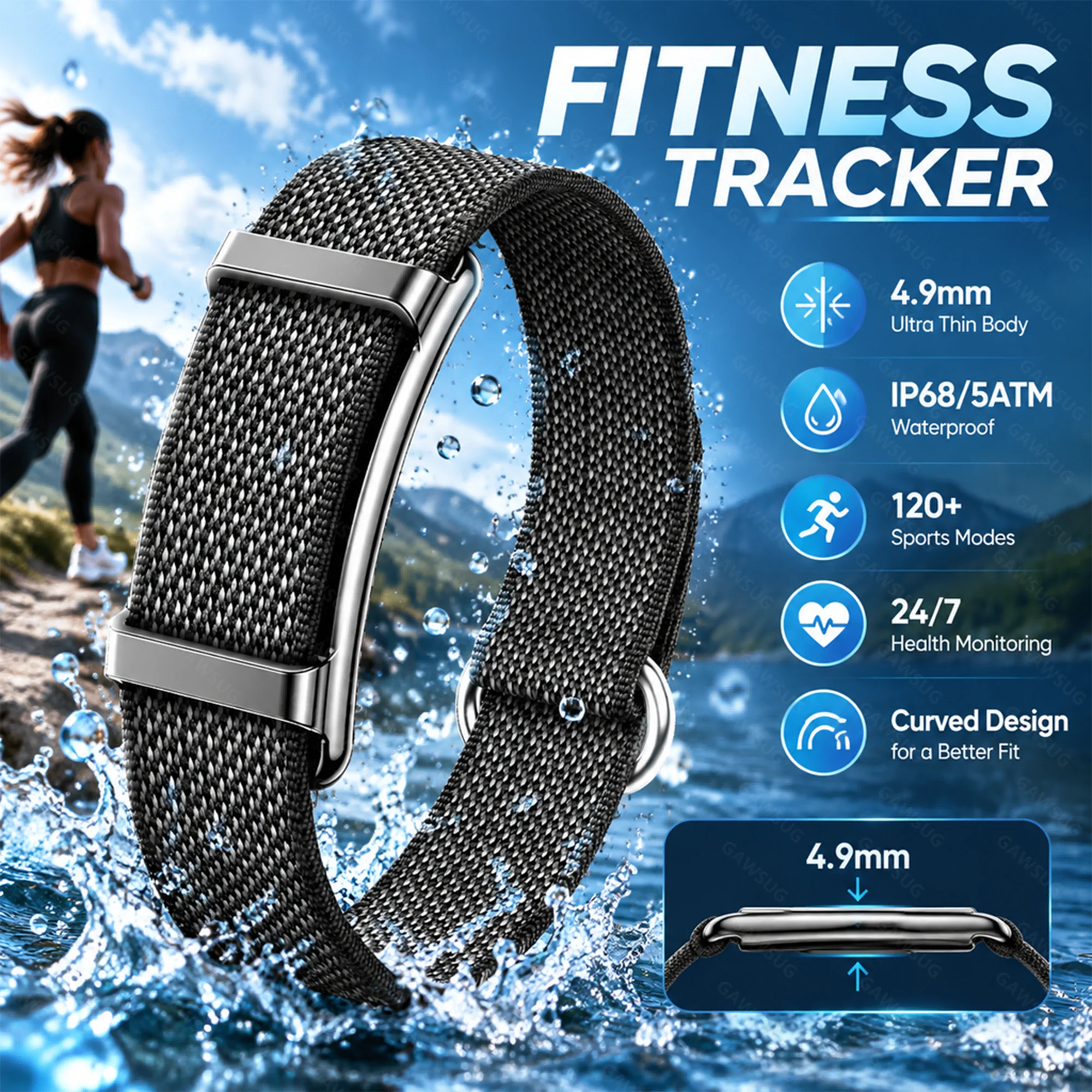 4.9mm Ultra-Thin Screenless Smart Band Curved Fitness Tracker SpO2 Heart Rate Sleep Monitor IP68 Waterproof Men Women