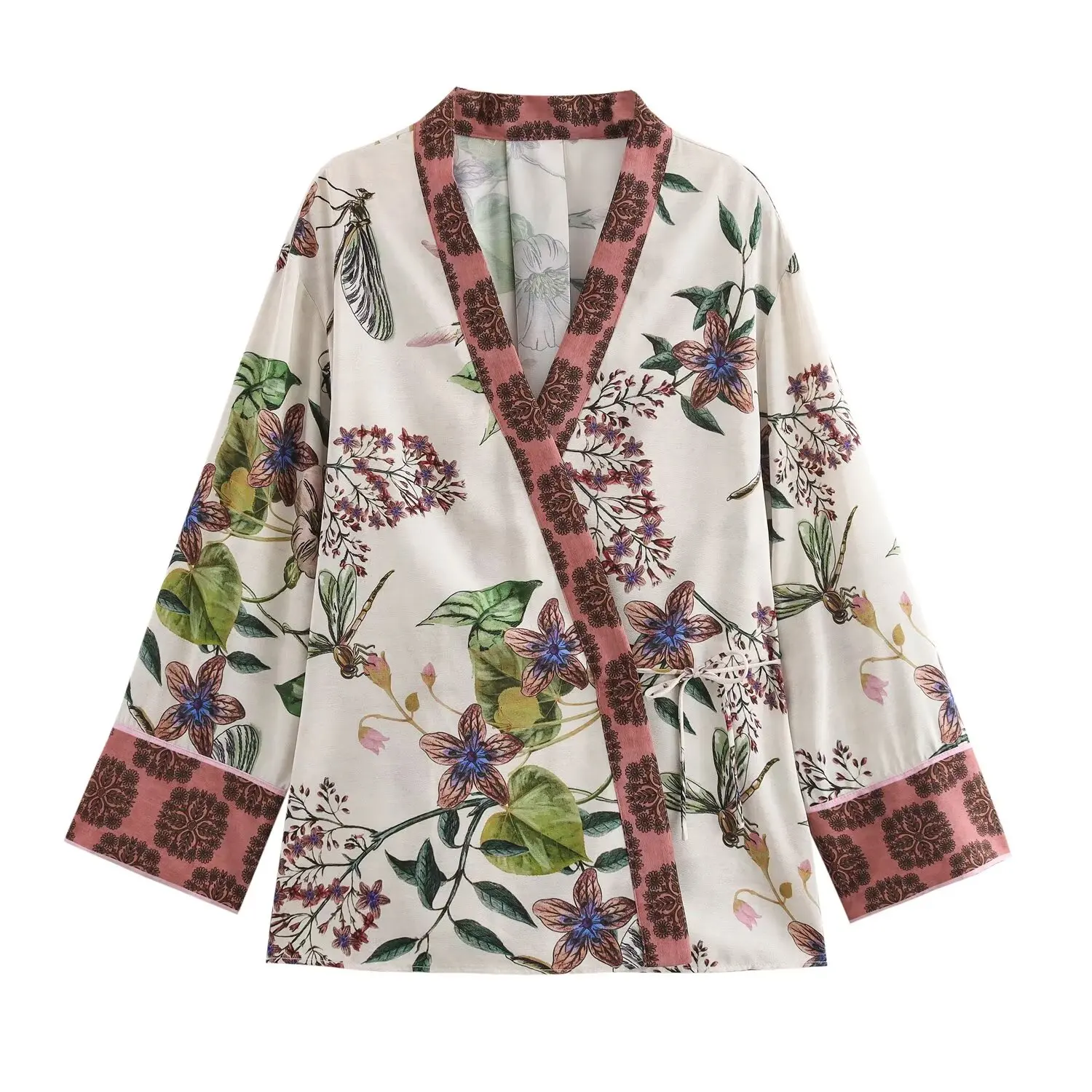 

HH TRAF Fashion Woman Casual Asymmetric Belt Design Loose Shirt Top Women Elegant Printed V-Neck Long Sleeve Slim Kimono Blouse