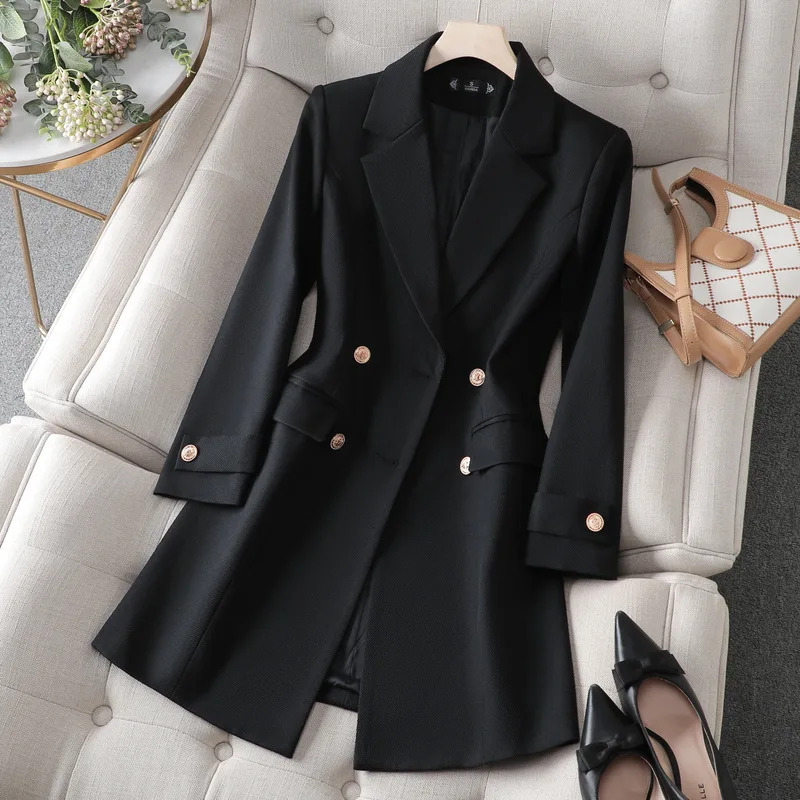 New Women Formal Blazer Coat Autumn Winter Jacket Female Double Button Office Coat Ladies Work Wear Mid Long Blazer Outerwear