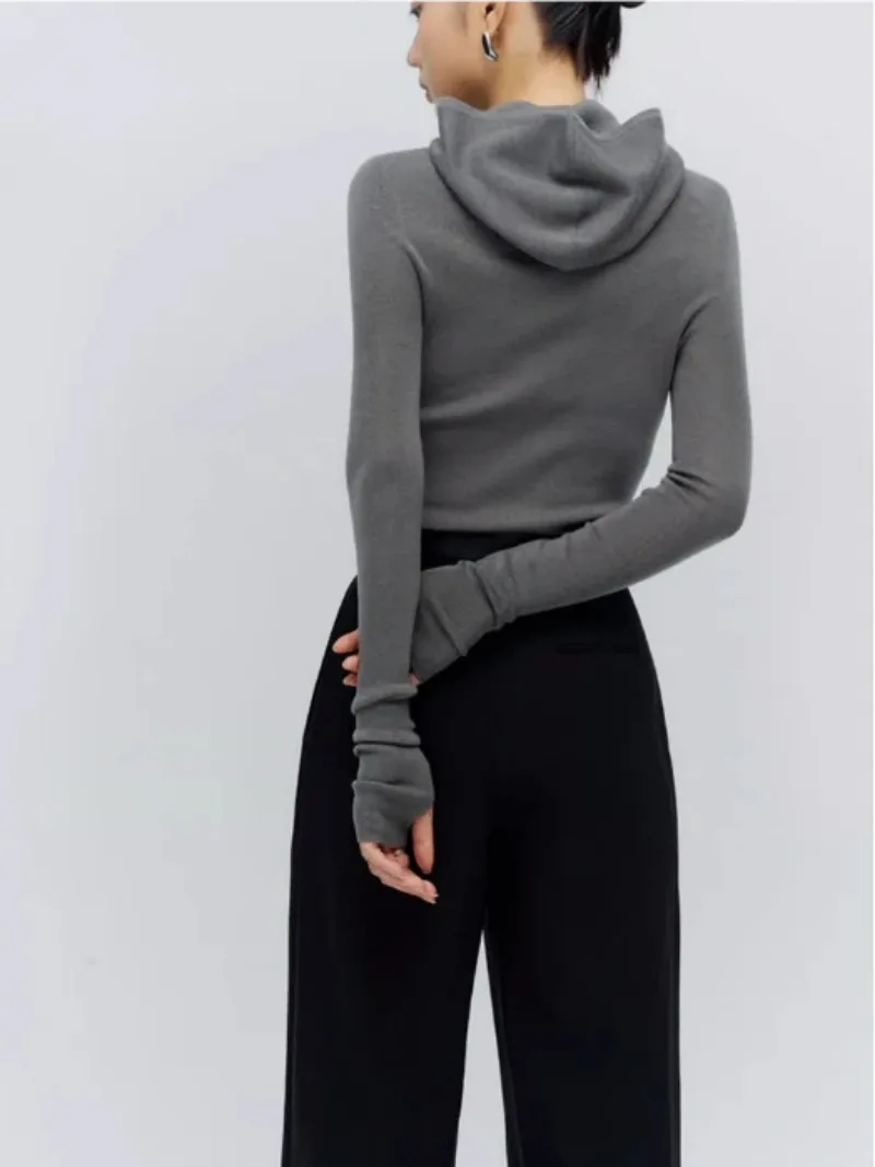 Bottom Knitted Pullover Solid Color Simple Slim Skinny Bottom Shirt Women\'s Winter Hooded Pullover Sweater Long Sleeve