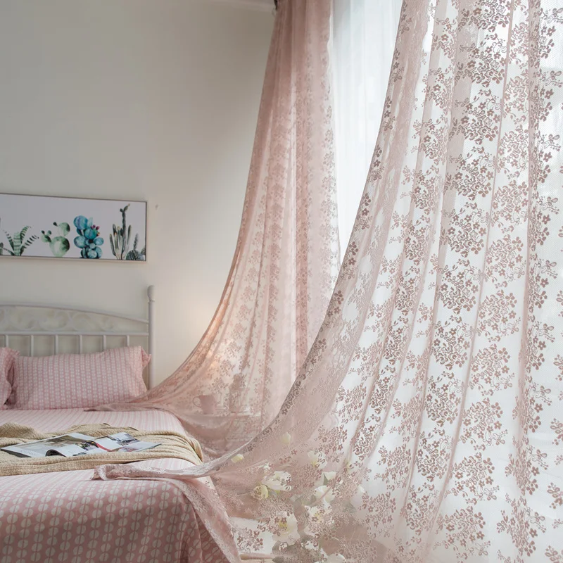 Pink Jacquard Flower Mesh Lace Sheer Curtains For Home Windows,Romantic Light Filtering Tulle For Bedroom,Living Room Decor