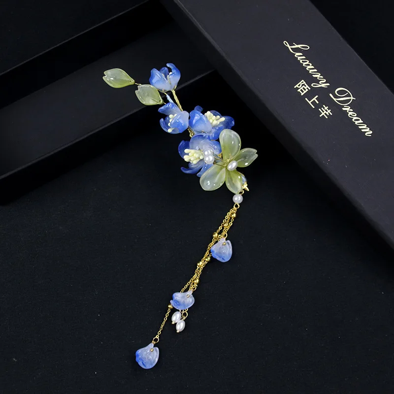 Fashion Super Fairy Ancient Style Hairpin Cheongsam Hanfu Blue Snow Lotus Tassel Side Clip Hair Accessories Women's National Y2k