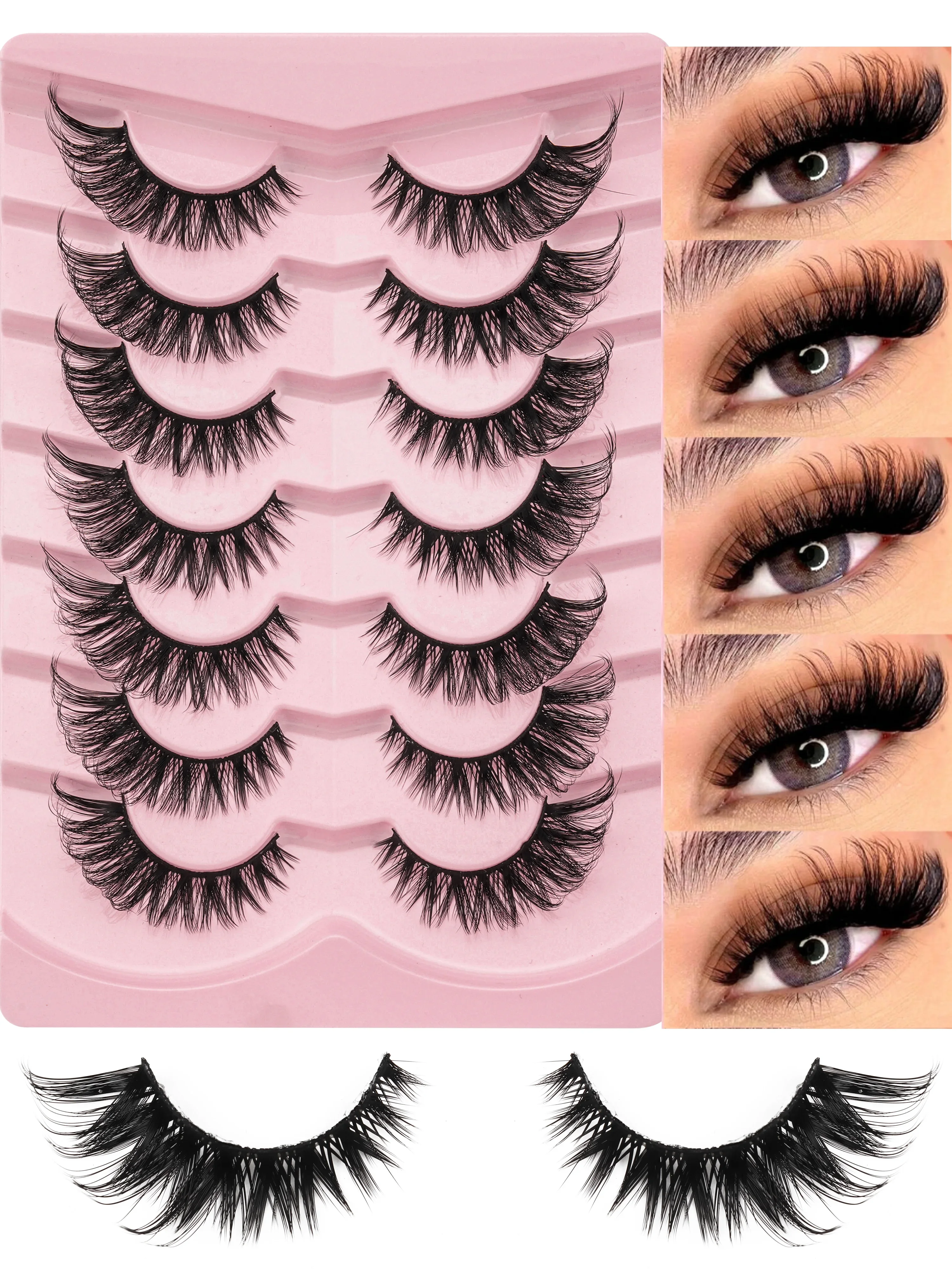 7 Pairs 3D Faux Mink Strip Lashes Fluffy Wispy Dramatic Voluminous Soft Reusable False Eyelashes Home & Salon Use