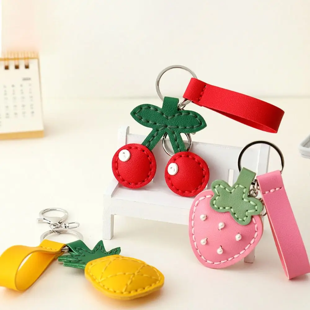 

Mini Cute Fruit Pendant Cherry Peach Leather Keychain Strawberry Car Keyring Bag Pendant Car Accessory