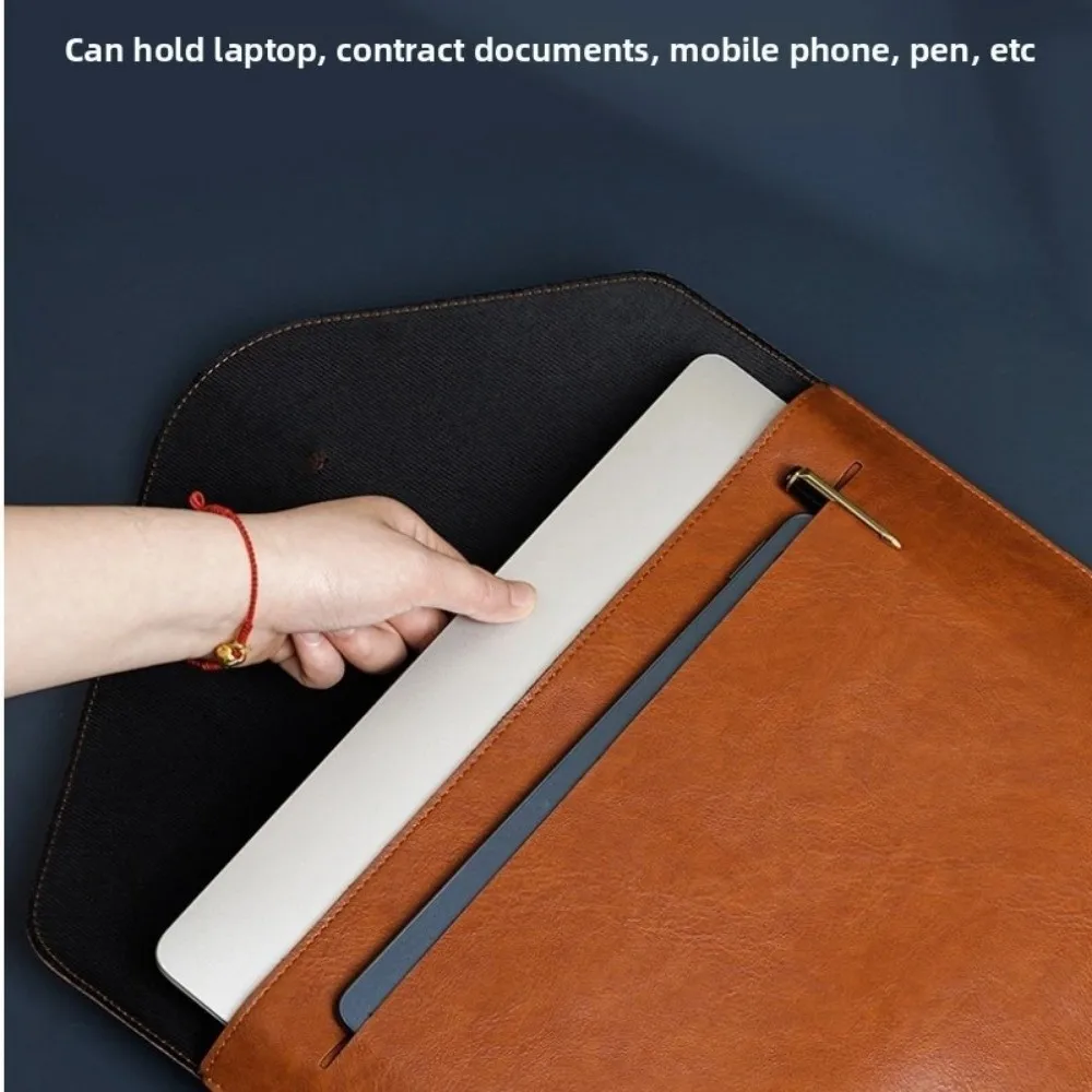 Bolsa retrô de couro PU para documentos A4, bolsa para laptop comercial com botão, pasta de arquivo portátil, armazenamento de escritório