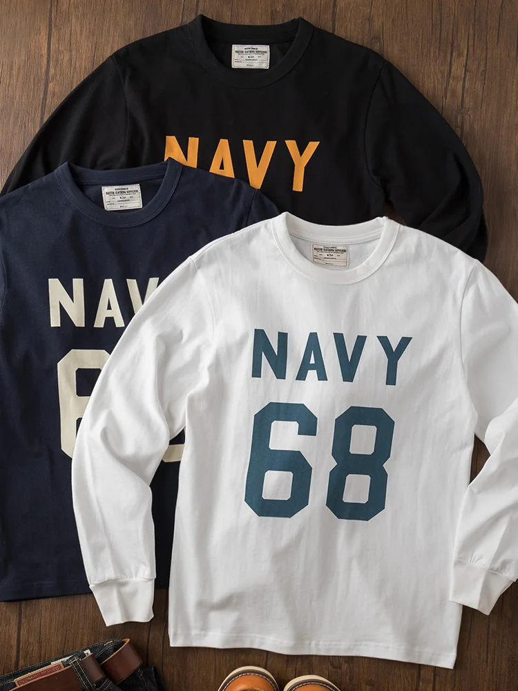 

Spring New American Retro 280g Long-sleeved O-neck Letter Printed T-shirt Men's Amekaji 100% Cotton Washed Casual Sport Tops