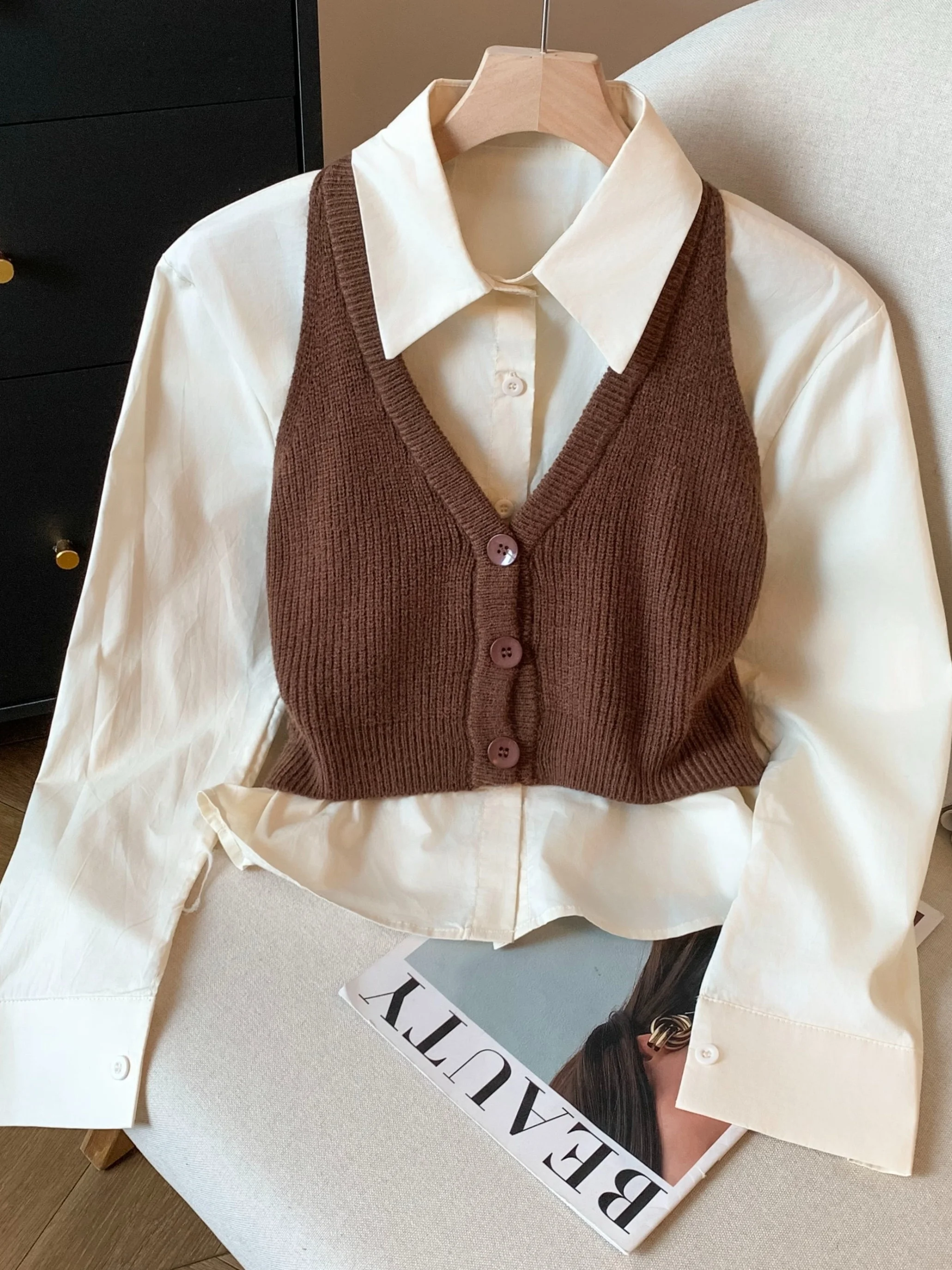 

Fall New Sle Women's ort Collared irt Knitted V-Ne Tank Top Two-Piece Set Self-Kee Recommendation Straight Cut