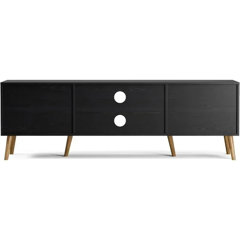 

TV Stand for TVs up to 65'', Shelves & 2 Cabinets, Boho Media TV Console for Living Room, Bedroom, Black（Hot）