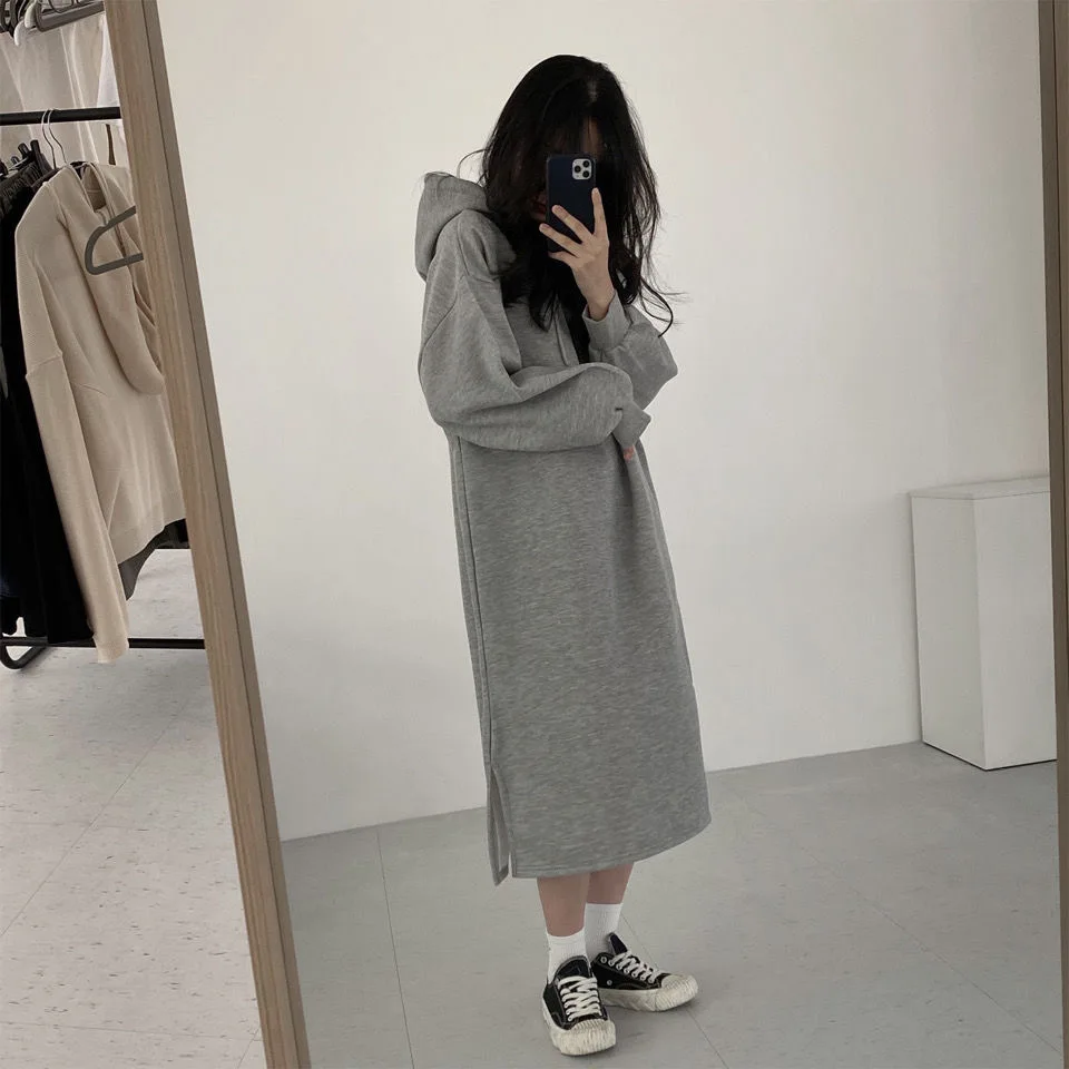 2025 Autumn Winter Women's Long Hooded Pullover Dress Loose Slim Fit Mid Length Over The Knee Split Fleece Lined Sweatshirt