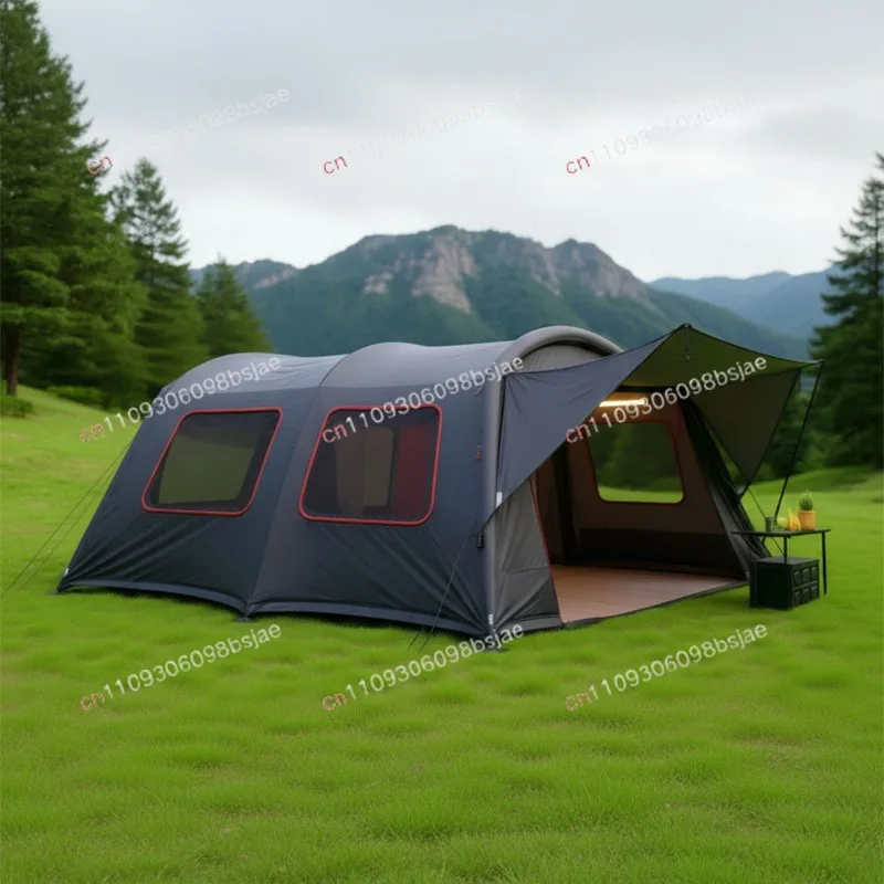 New inflatable tunnel tent, outdoor 4-6 people, wind and rainstorm resistance, large space grass camping family tent