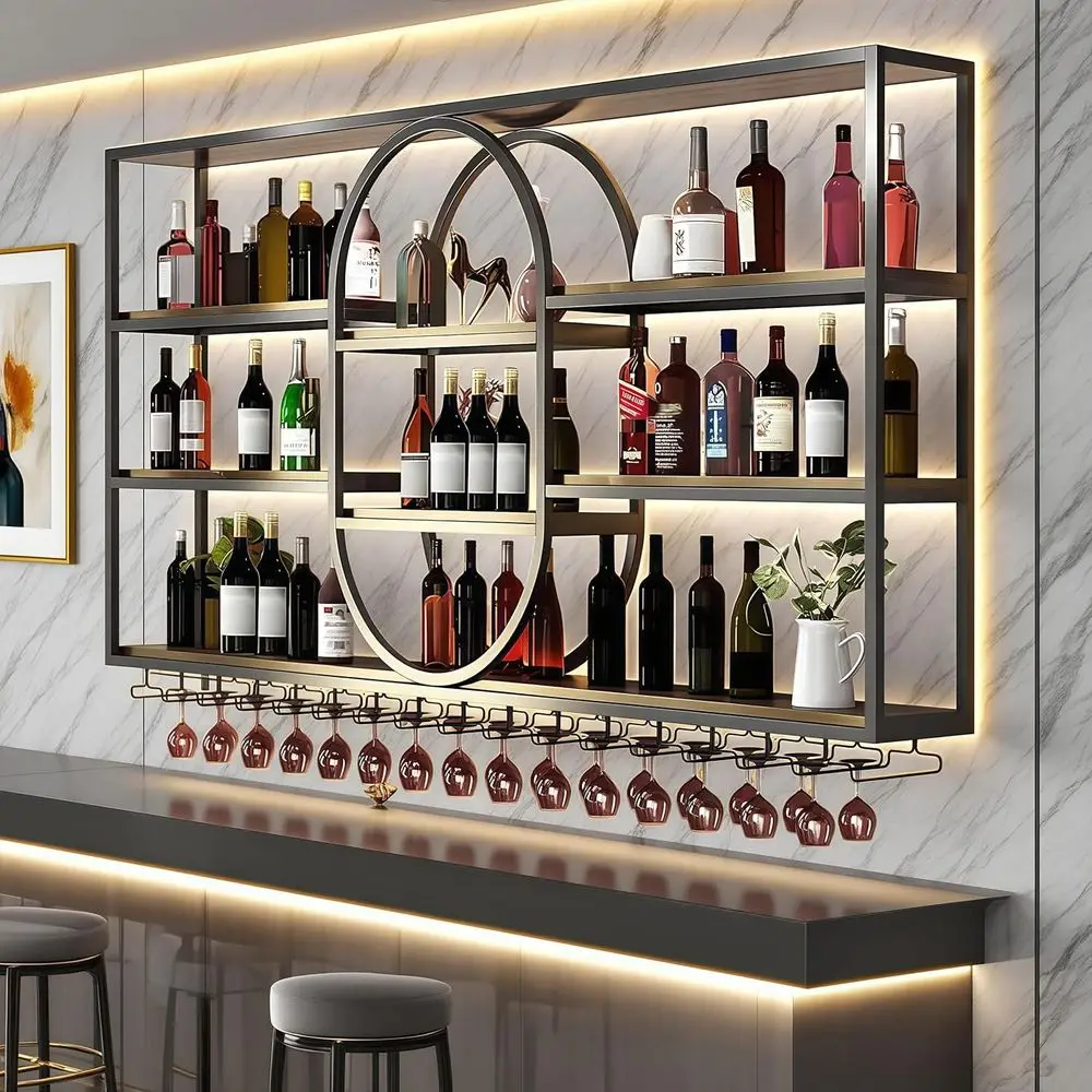 

Современная 4-уровневая металлическая настенная винная полка с подстаканниками, черные плавающие полки для домашнего бара и обеденного декора