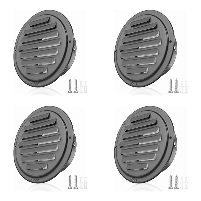 

N04R 4Pcs 4Inch 304 Stainless Steel Air Vents, Louvered Grille Cover Vent Hood Flat Ducting Ventilation Air Vent