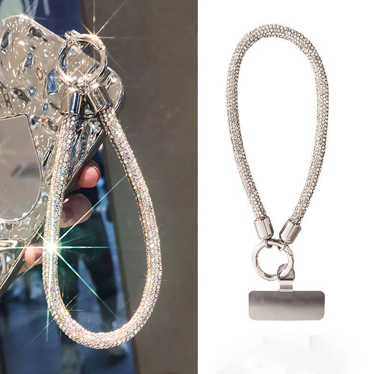 1pc Luxuriöses Handy-Umhängeband mit Vollbesatz aus Diamanten und Metallclip, Universelle Kurzkette, Handlicher Blitz-Accessoire