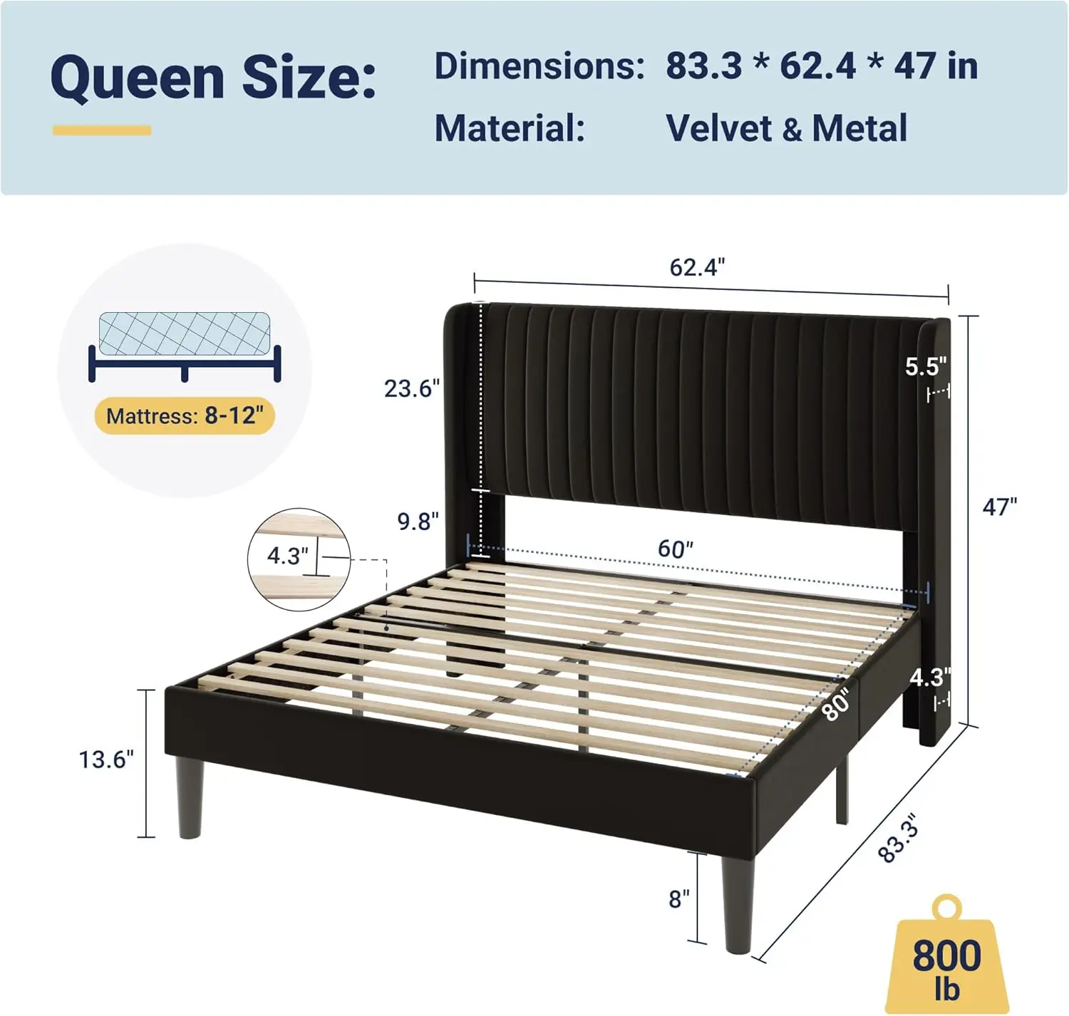 !@Modern Queen Size Velvet Bed Frame Storage Vertical Channel Tufted Wingback Headboard Upholstered Platform Bed Strong MDF Wood