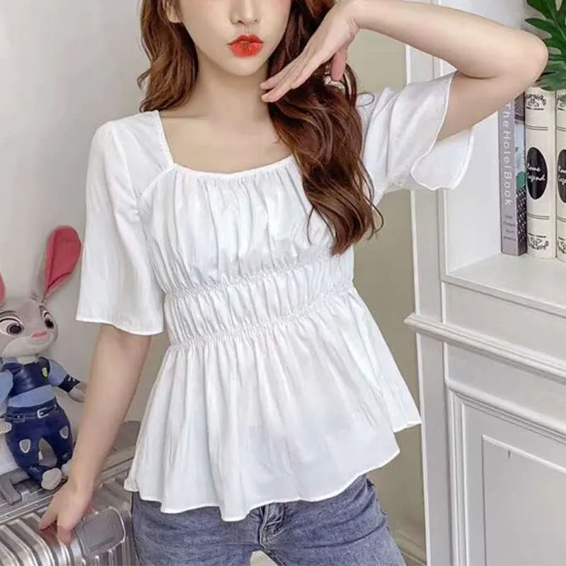 Square Collar Tshirt for Women Loose Tops Monochromatic Simple and Elegant Casual Clothes All-Match Korean Fashion Summer