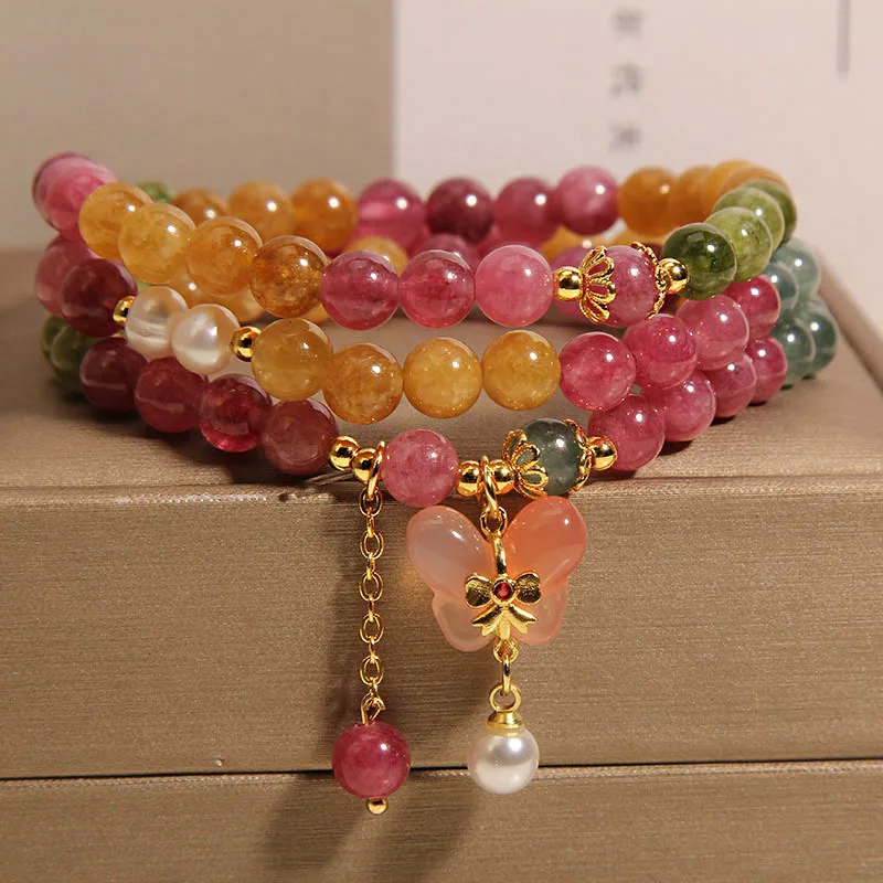 

Natural Jade and Colorful Tourmaline Multi-Strand Beaded Bracelet for Women, Butterfly Pendant for Adornment Energy Bracelet