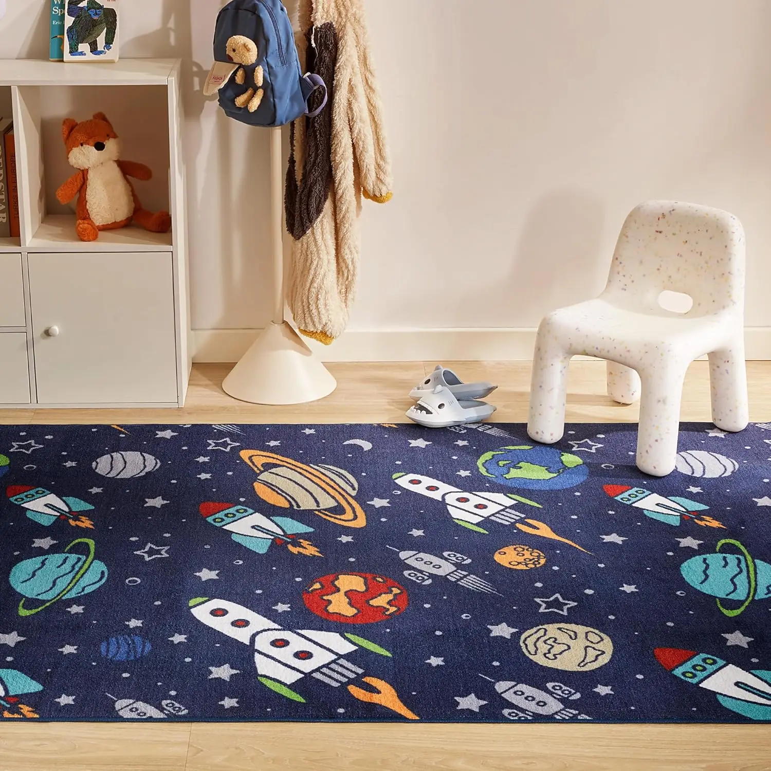 Kids Rugs for Playroom, Area Rugs for Boys Bedroom, Washable Nursery Carpet, Non Slip Rug Play Mat, Space Rocket Planet
