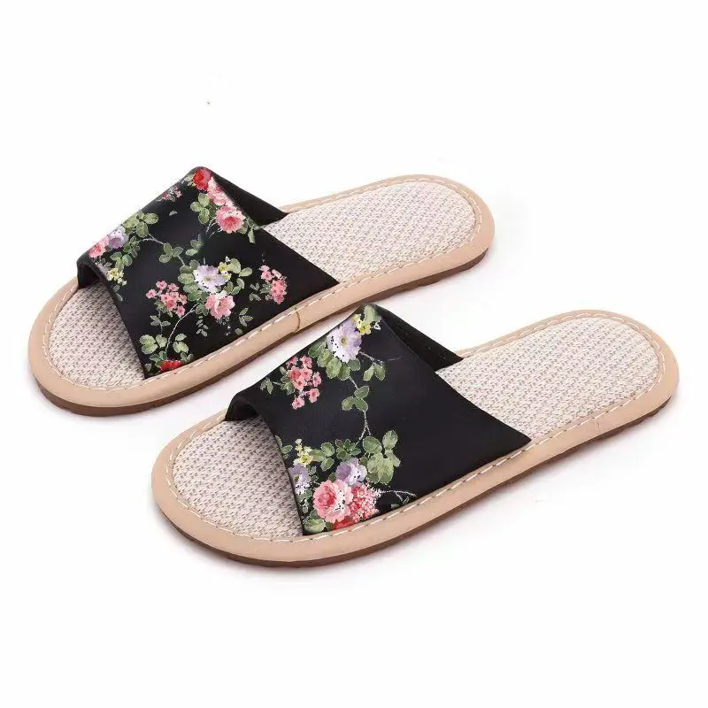 المرأة العرقية نمط شقة وحيد الكتان النعال الصيف المفتوحة تو عدم الانزلاق خفيفة الوزن عالية الجودة الحرير طباعة المنزل النعال الصامتة #5