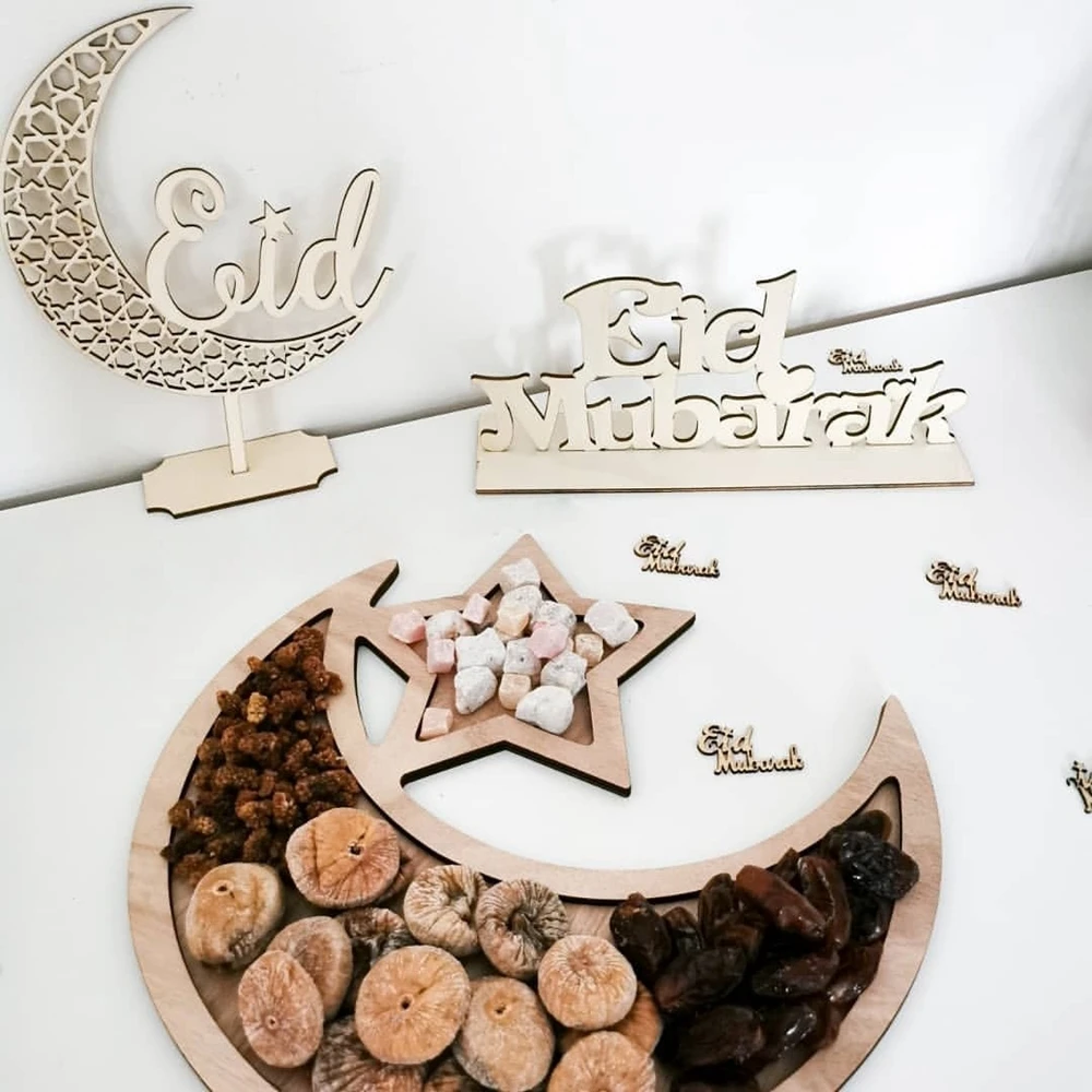 1set Wooden White  Eid Mubarak Tray Moon Star Food Holder Ramadan Kareem Food Holder Supplies Al Adha Muslim Table Decorations