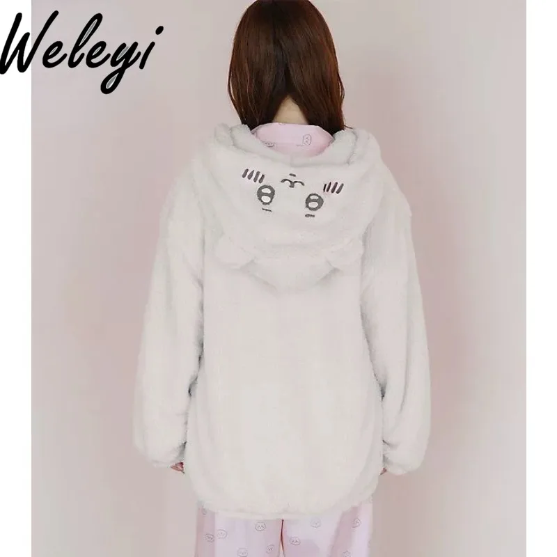 Kawaii Sweet Japanese Night Wears for Women Sleepwear Winter Fashion Long Sleeves Positive and Negative Cotton Hooded Pijamalar