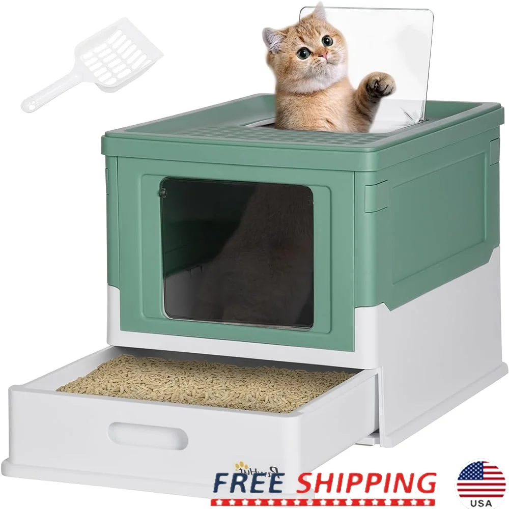 

Fully Enclosed Cat Litter Box with Pull Out Tray Double Door Design Odor Control Hooded Cat Potty with Scoop Pet Supplies