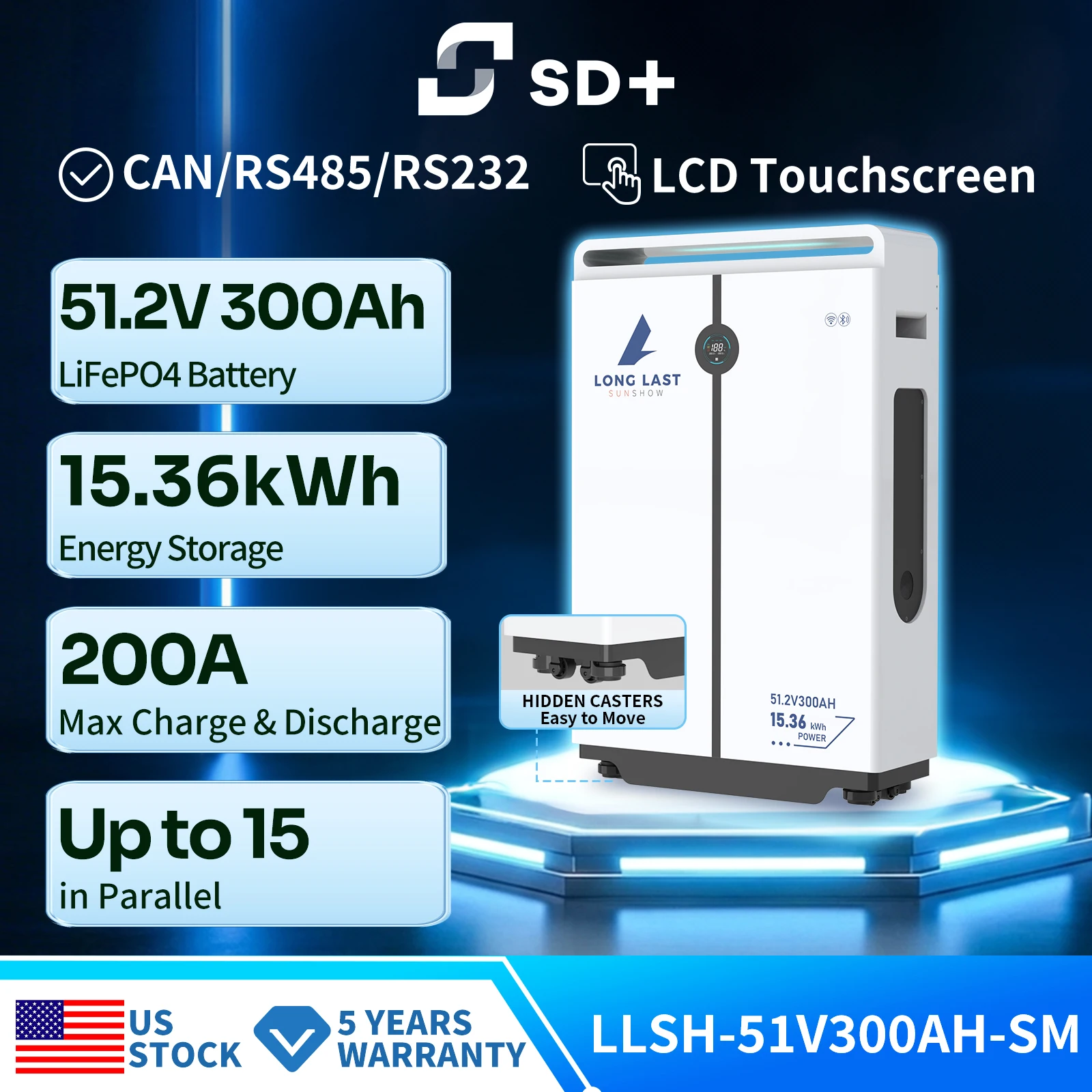 SANDISOLAR 15.36kWh LiFePO4 Battery 51.2V 300Ah Rack Mounted Floor Standing Solar Energy Storage System CAN RS485 6000+ Cycles 200A Smart BMS Up to 15 Parallel Touch Screen for Home Solar System