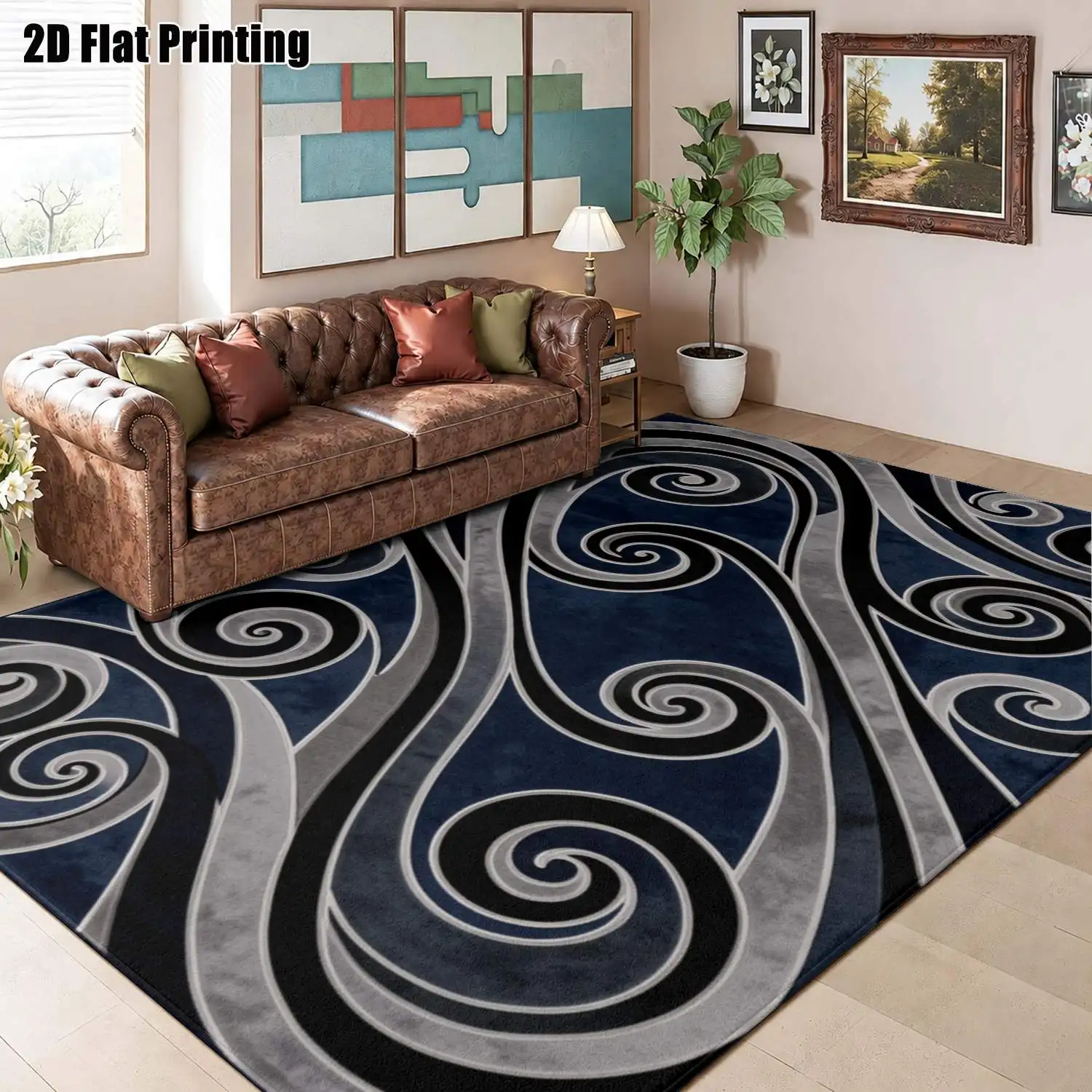 1Pc 2D Printed Blue-Grey Spiral Pattern Carpet, Nordic/Instagram/Modern Minimalist/European Style, Geometric Striped, Washable, Multi-Size, for Home Decor, Entryway/Dining Room/Foyer/Bedroom/Living Room