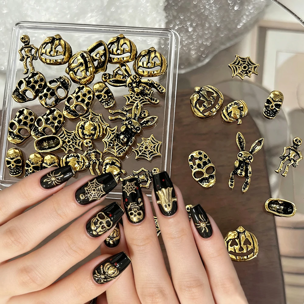 30pcs Gold Silver Skull Devil Rabbit Nail Charms Skeleton Spider Web Halloween Nail Rhinestones Metal Horrible Nail Decorations