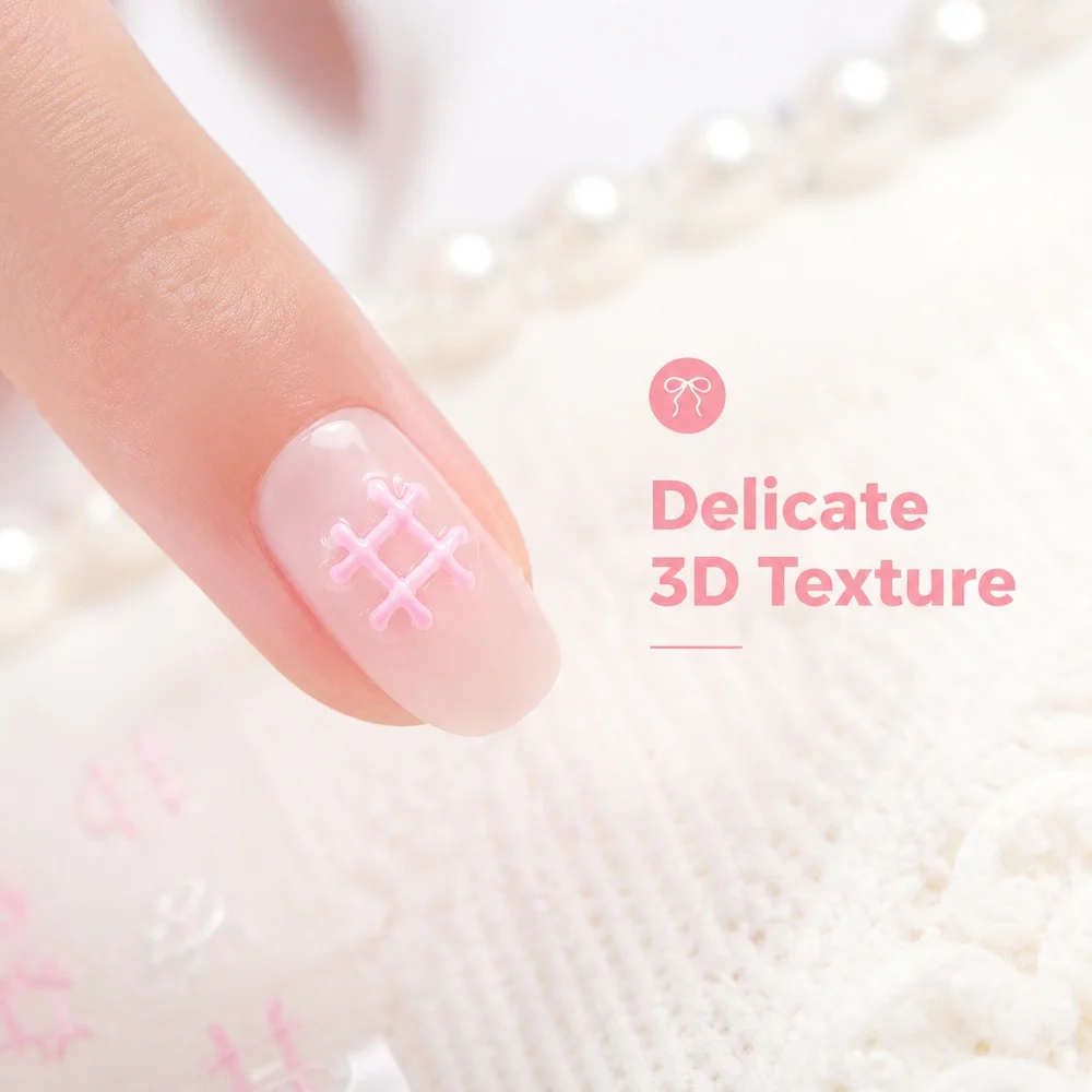1Sheet Pastel Pink White Nail Decals Embossed Plaid Bow Outline Heart Stereo Self Adhesive Fresh Daily Wear Nail Ornament