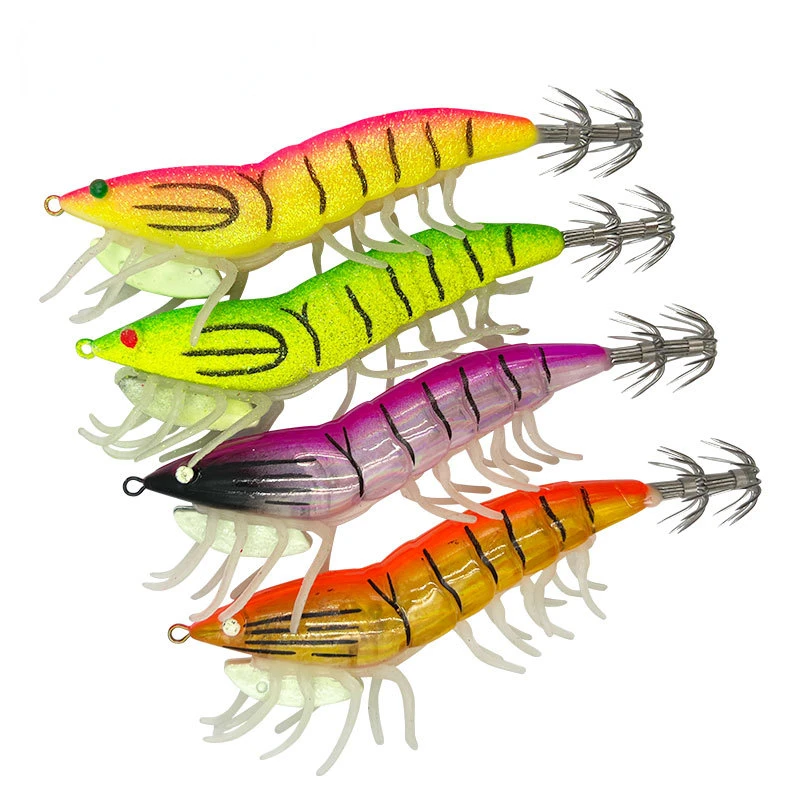 8Pcs Lua Wooden Shrimp Squid Hooks with Rattle Beads Soft Leg Shrimp Baits Sea Fishing Lobster Fake Baits Fluorescent All Layers