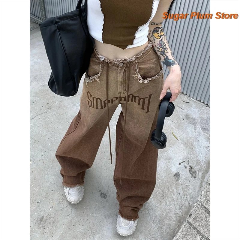American Retro Gradient Brown Drawstring Jeans Female Burr Design Sense High Waist Slim Casual Straight Wide-leg Trousers Tide