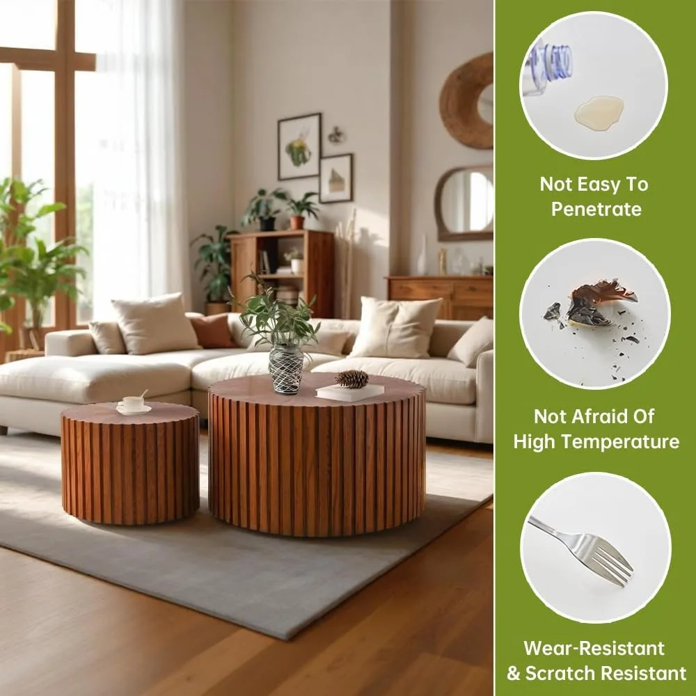 Круглый журнальный столик, современный рифленый журнальный столик, набор из 2-полосных круглых журнальных столиков, круглые барабанные столики для гостиной