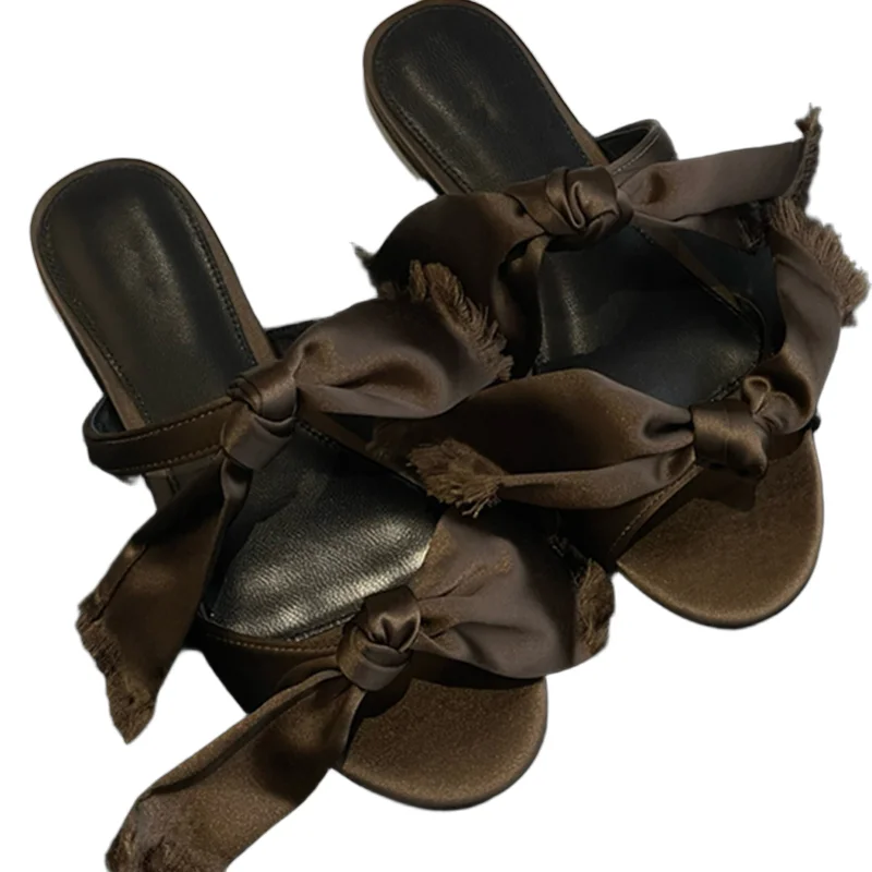 

Withered Summer Shoes French Retro Silk Bow Tie Flat Slippers Women Minimalist Elegant Party Sandals Casual Sandals For Women