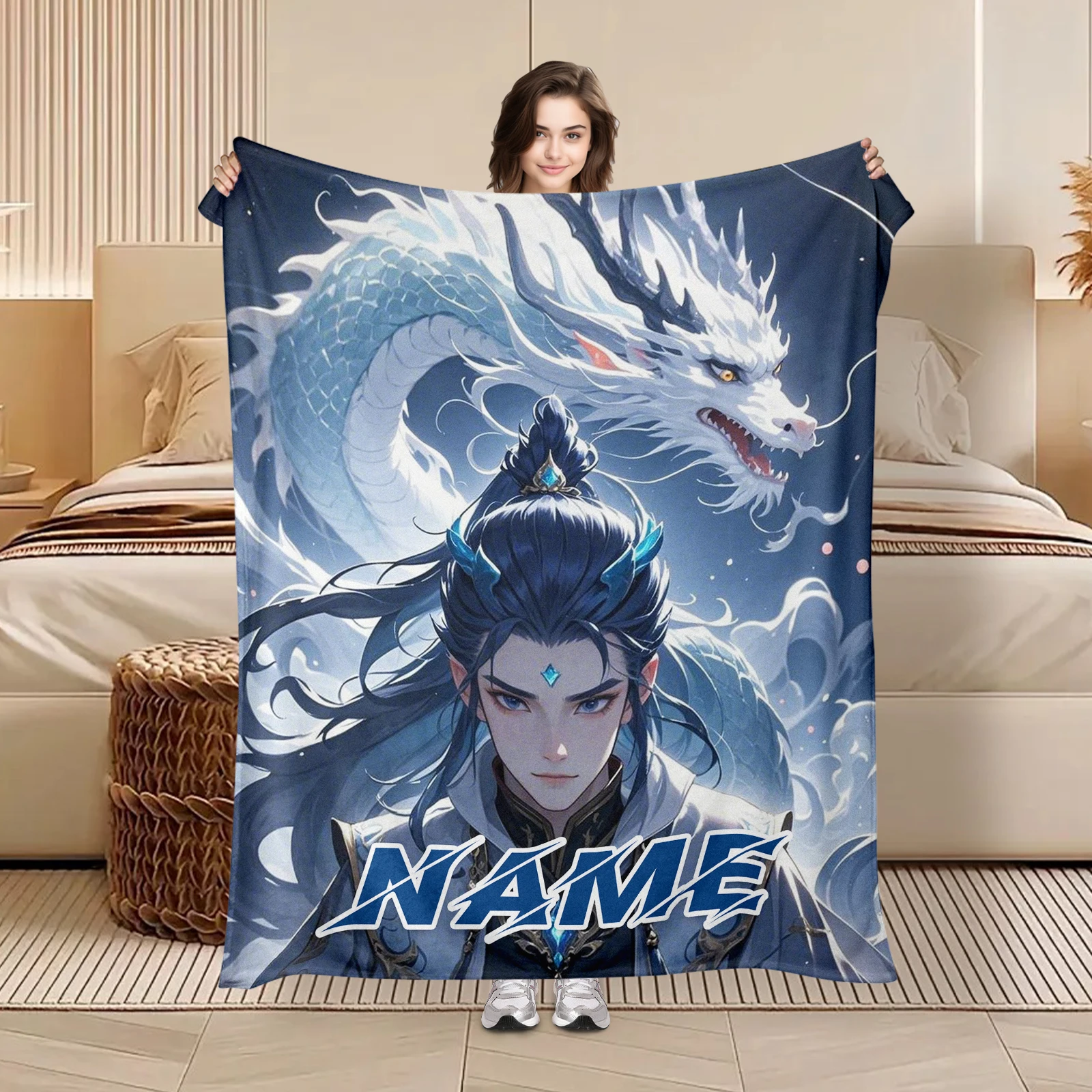 

Nezha And Dragon Flannel Blanket With Customizable Text, Soft And Warm For Family And Kids
